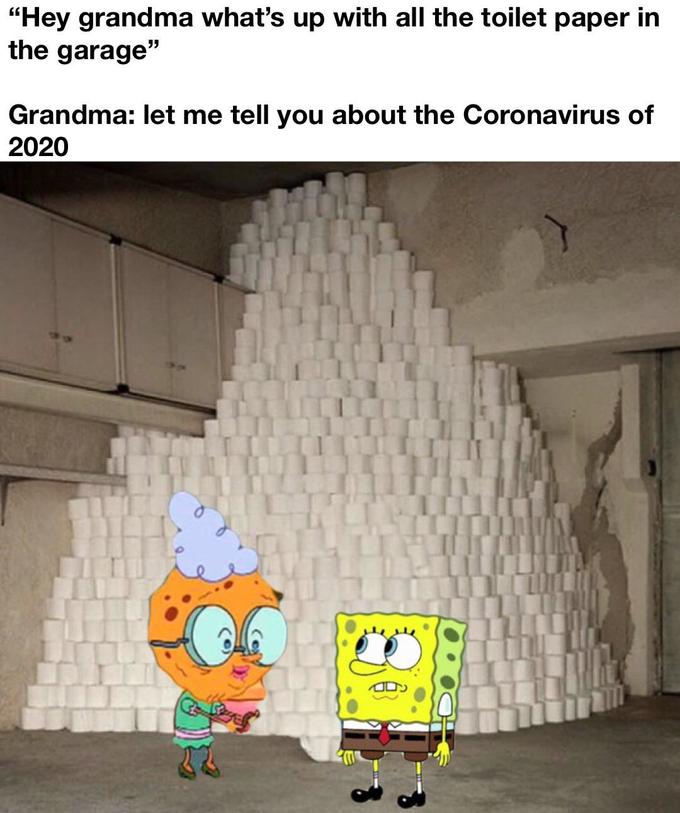 Meme: Sponge Bob next to a big pile of toilet paper