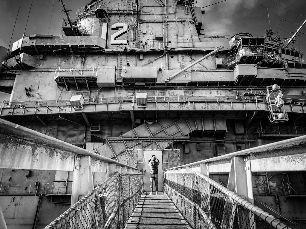 Black and white photo of aircraft carrier USS Hornet     